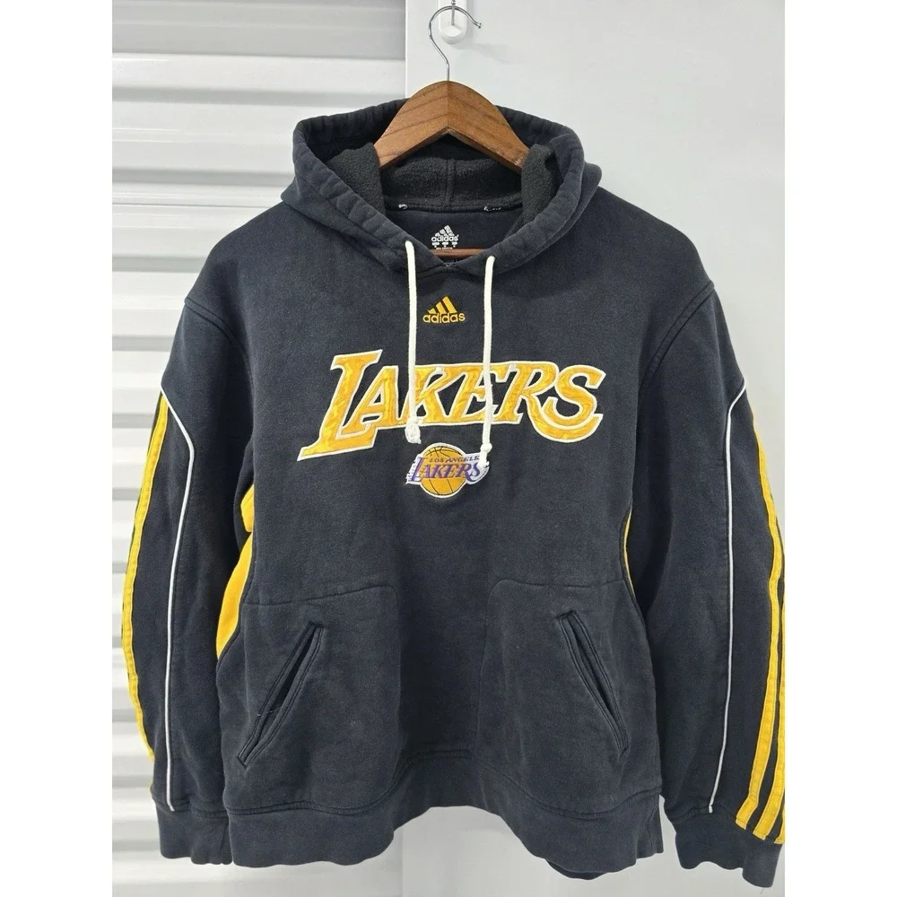 Adidas Los Angeles Lakers Hoodie Mens M Black Yellow Embroidered NBA Pullover